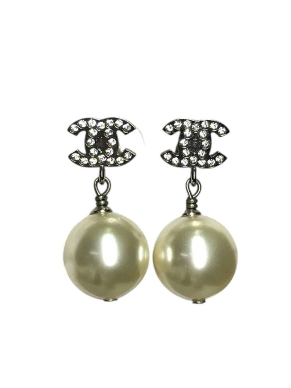 Chanel Earrings CC Logo Faux Pearl Metal Silver